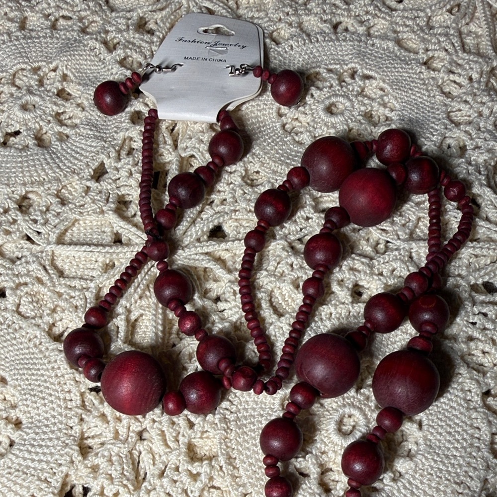 Elegant Wooden Bead Necklace and Earring Set